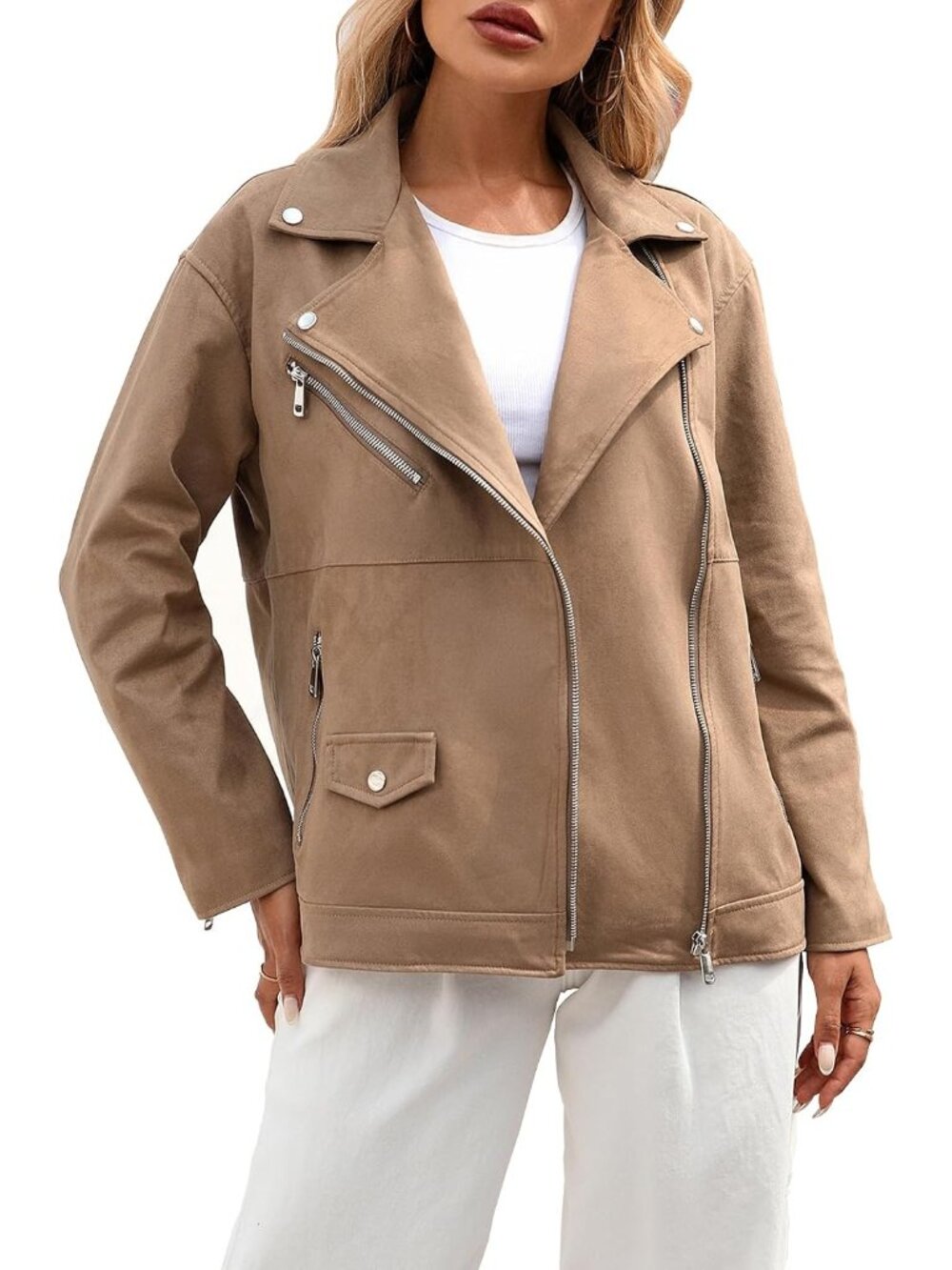 Women's Brown Faux Leather Lapel Collar Zip Up Long Sleeve Short Coat Jacket